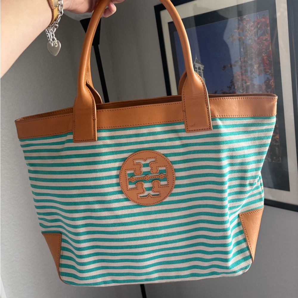 Tory Burch Aqua Striped Tote with Tan Accents